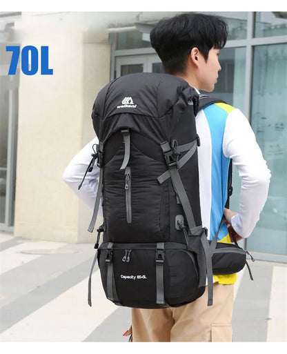 70L Nylon Camping Backpack with Rain Cover — Outdoor Hiking, Mountaineering & Travel Daypack for Men