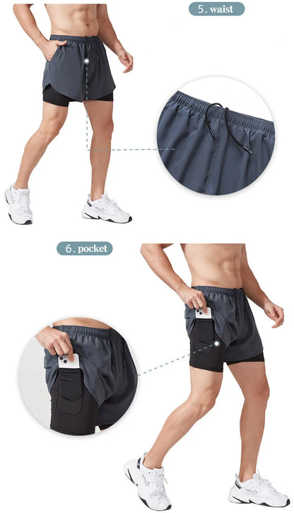 Men’s Quick-Dry Running Shorts — Black Double Layer Sport Workout Training Bodybuilding Shorts