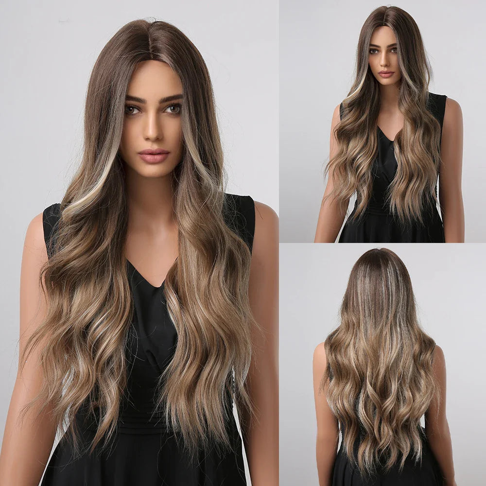 ALAN EATON Black Long Wavy Synthetic Wig – Natural Afro Hair, Middle Part, Heat-Resistant Fiber for Daily Use