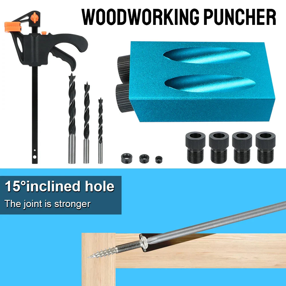 7/14/15PCS Pocket Hole Jig Kit – 15° Woodworking Drilling Guide & Locator with Drill Bit Set
