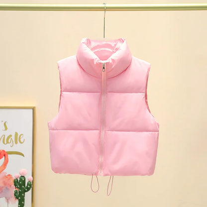 Winter Sleeveless Down Vest for Women – Warm Stand Collar, Zipper Jacket, Quilted Cropped Casual Street Outerwear