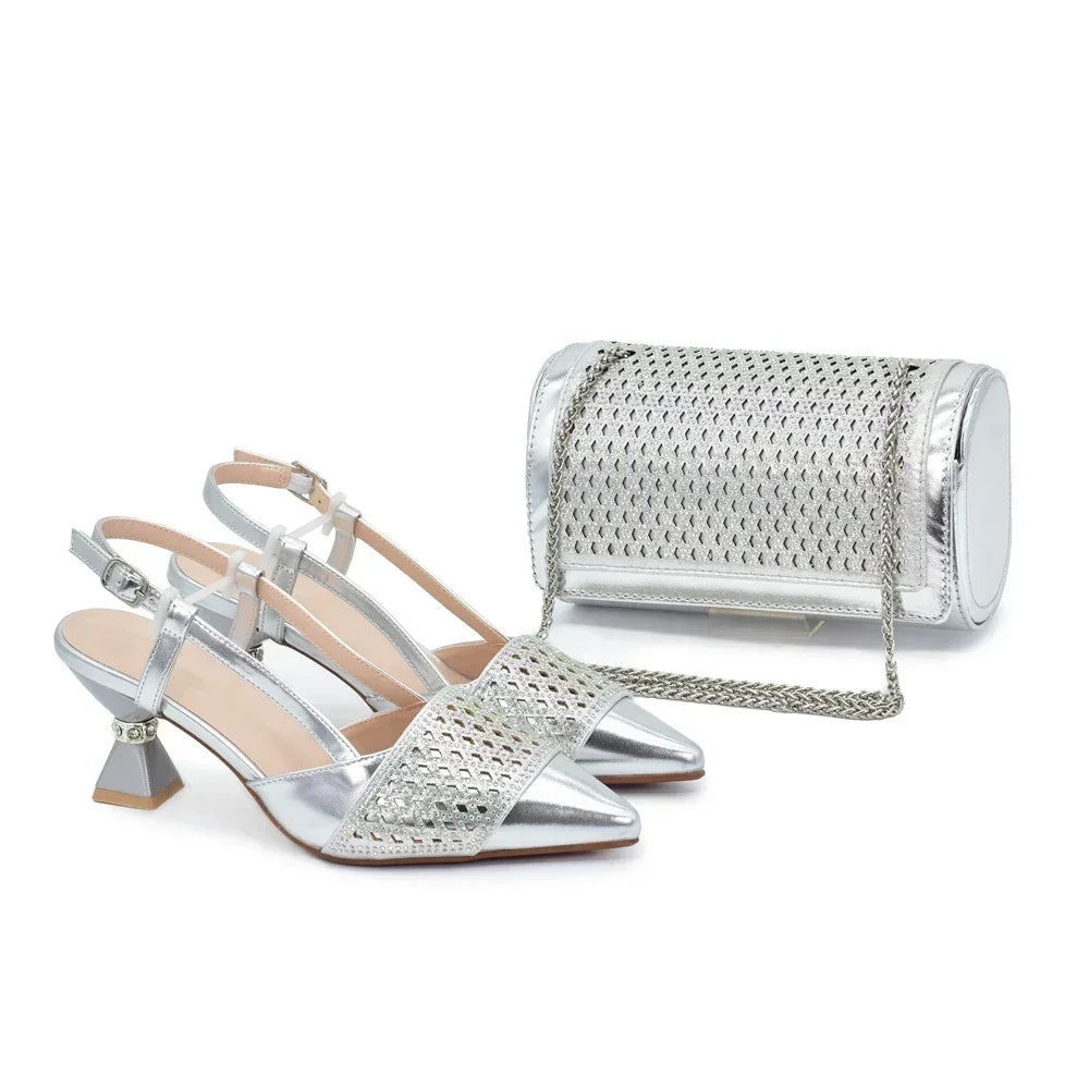 Women's Rhinestone Heeled Shoe & Bag Set - Elegant Nigerian Italian Party Pumps with Matching Bags