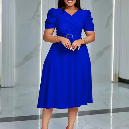 Women's Elegant V-Neck Party Dress - Pleated Mid-Calf Belted Dinner Dress