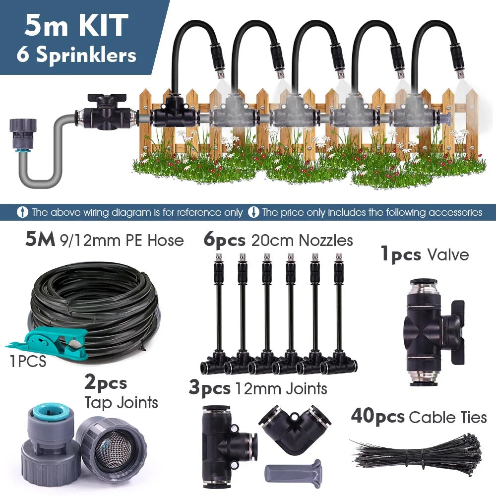 3/8" Misting Cooling System Kit – 360° 0.6mm Nozzle Atomizer with PE Tubing & 80 Mesh Filter for Garden Irrigation Watering