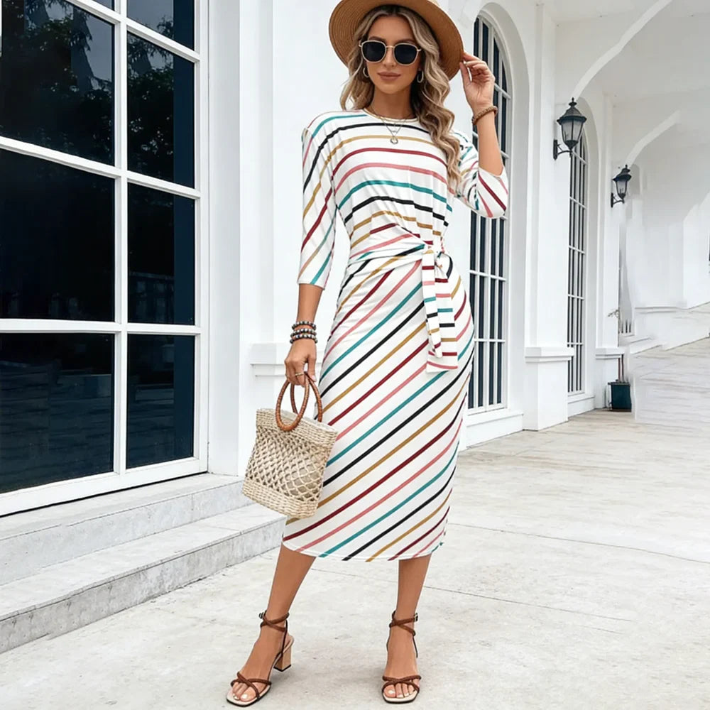 Women’s 2026 European American Stripe Print Dress – Crew Neck Lace-Up Tunic Loose Fit Fashionable Dress