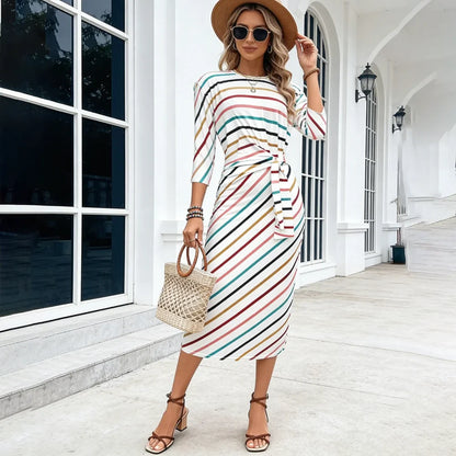 Women’s 2026 European American Stripe Print Dress – Crew Neck Lace-Up Tunic Loose Fit Fashionable Dress
