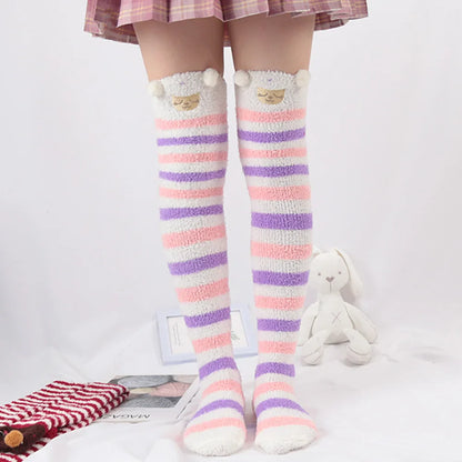 Japanese Girl Animal Knee Socks – Cute Striped Compression Thigh-High Warm Socks for Autumn & Winter