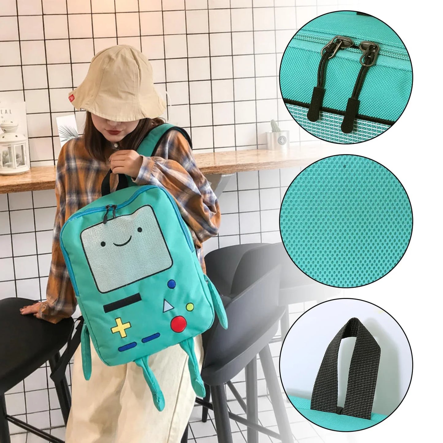 14-Inch Cute Cartoon Adventure Time Backpack — Green Anime School Bag, Lightweight & Breathable Travel Bag