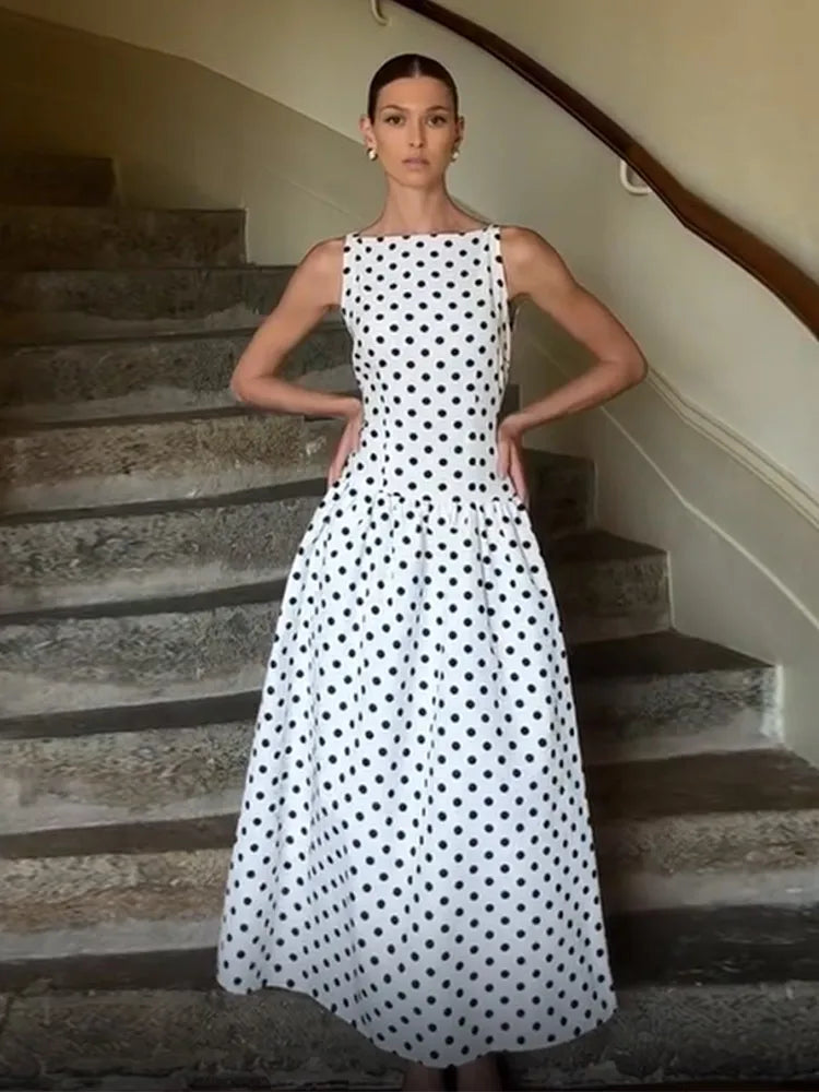 Elegant Women’s Polka Dot Maxi Dress – Chic Sleeveless Round Neck High Waist Slim Fit Vestido for Party & Street, 2025 New