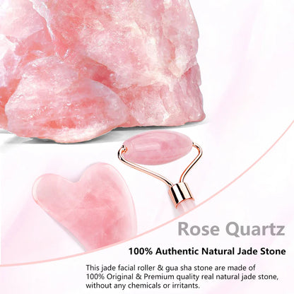 Rose Quartz Jade Roller & Gua Sha Set: Natural Facial & Body Massager for Face Lifting - Beauty Massage Tools with Jade Stone