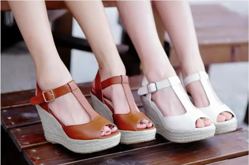 Women’s Summer Open Toe T-Strap Wedge Sandals – High Heel Princess Shoes, Sizes 30–43