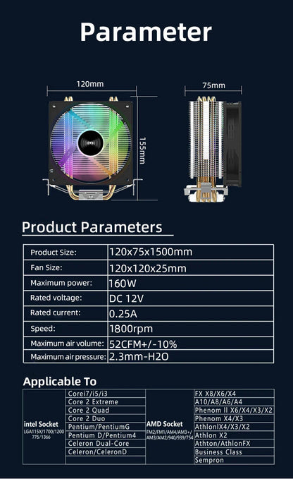 TEUCER CPU Cooler — 4 Heat Pipe Radiator with 3-Pin PWM Silent RGB Fan for Intel LGA 1700/1150/1155/1156/1366 & AMD AM2/AM3/AM4