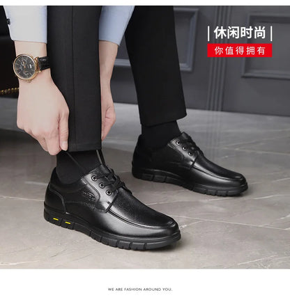 Men's Genuine Leather Casual Shoes - Soft Sole Lace-Up Loafers, Luxury Brand for Middle-Aged & Older Adults, Lightweight Dad Shoes