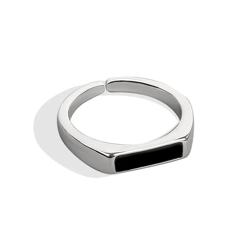 CIAXY Geometric Black Rectangular Ring - Adjustable Unisex Silver-Tone Fashion Jewelry