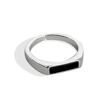 CIAXY Geometric Black Rectangular Ring - Adjustable Unisex Silver-Tone Fashion Jewelry