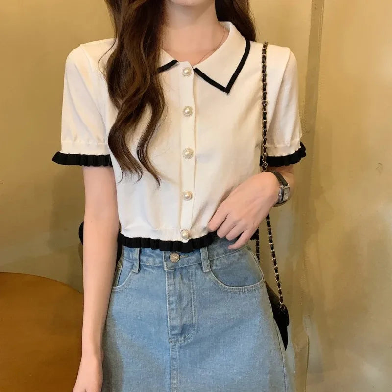 Women’s Summer Knitted Blouse — Chic Retro Slim Short Sleeve Crop Top, All-Match Style