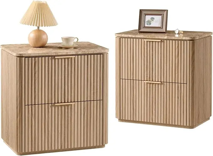 Fluted Nightstand Set of 2 – Solid Wood Bedside Tables with 2 Drawers, Faux Marble Top, Curved Corners & Metal Handles