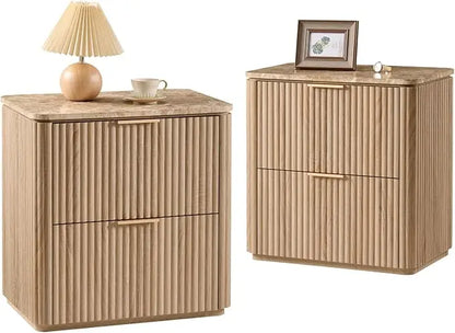 Fluted Nightstand Set of 2 – Solid Wood Bedside Tables with 2 Drawers, Faux Marble Top, Curved Corners & Metal Handles