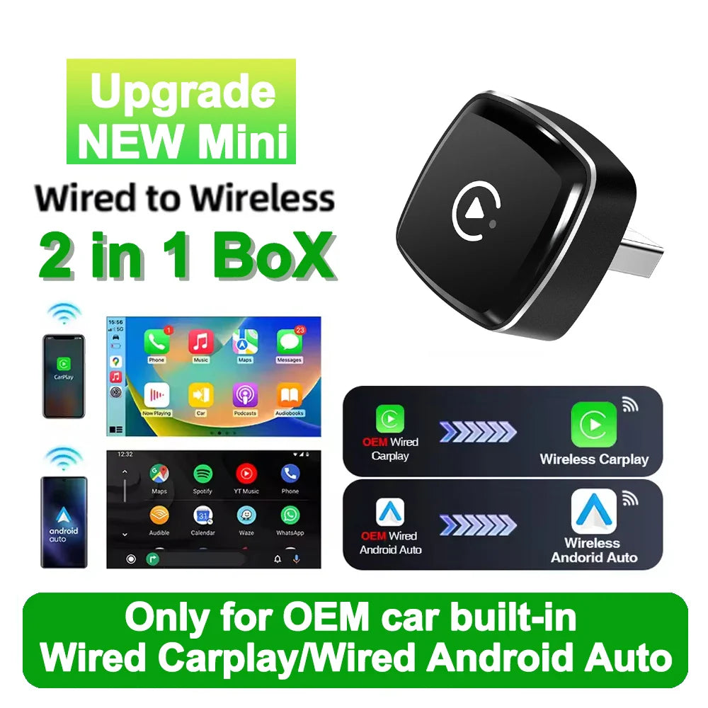 2-in-1 Wireless CarPlay & Android Auto Mini Box — AI Plug & Play Automatic Connection for 99% of Car Radios