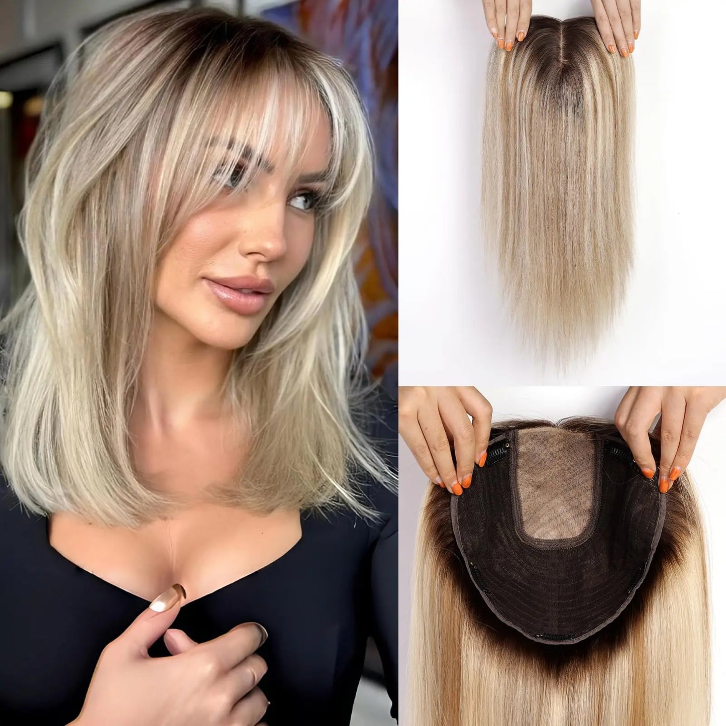Brown Blonde Highlight Remy Human Hair Toppers – 16 Inch Straight Clip-In Silk Base Hairpiece for Women, Topper Hair Extensions