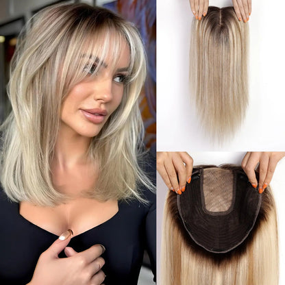 Brown Blonde Highlight Remy Human Hair Toppers – 16 Inch Straight Clip-In Silk Base Hairpiece for Women, Topper Hair Extensions