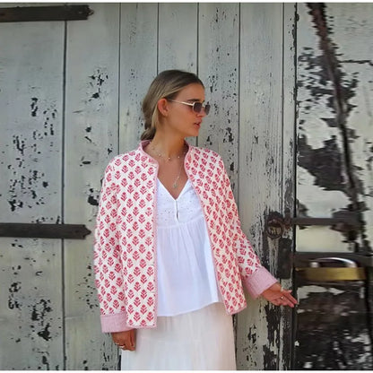 2025 Women’s Printed Quilted Padded Jacket – Collared Cotton Coat with Contrast Piped Pockets, Casual Autumn Outerwear