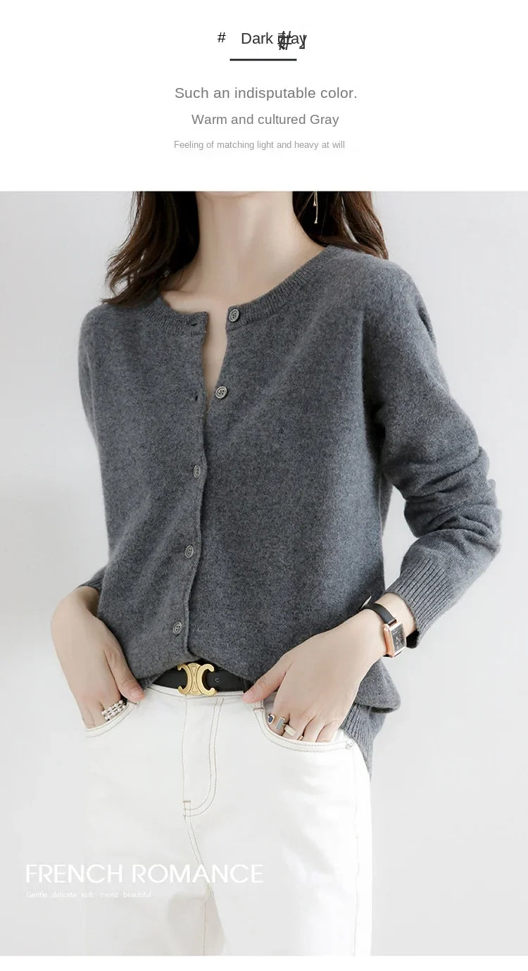 Women’s Solid Color Knit Cardigan - Spring Autumn Round Neck Worsted Sweater ZD-021