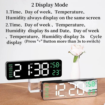 9-Inch Digital Wall Clock — USB Powered LED Table Clock with Temperature, Humidity, Week Display, Auto Dimmer, DST, 12/24H & Alarm