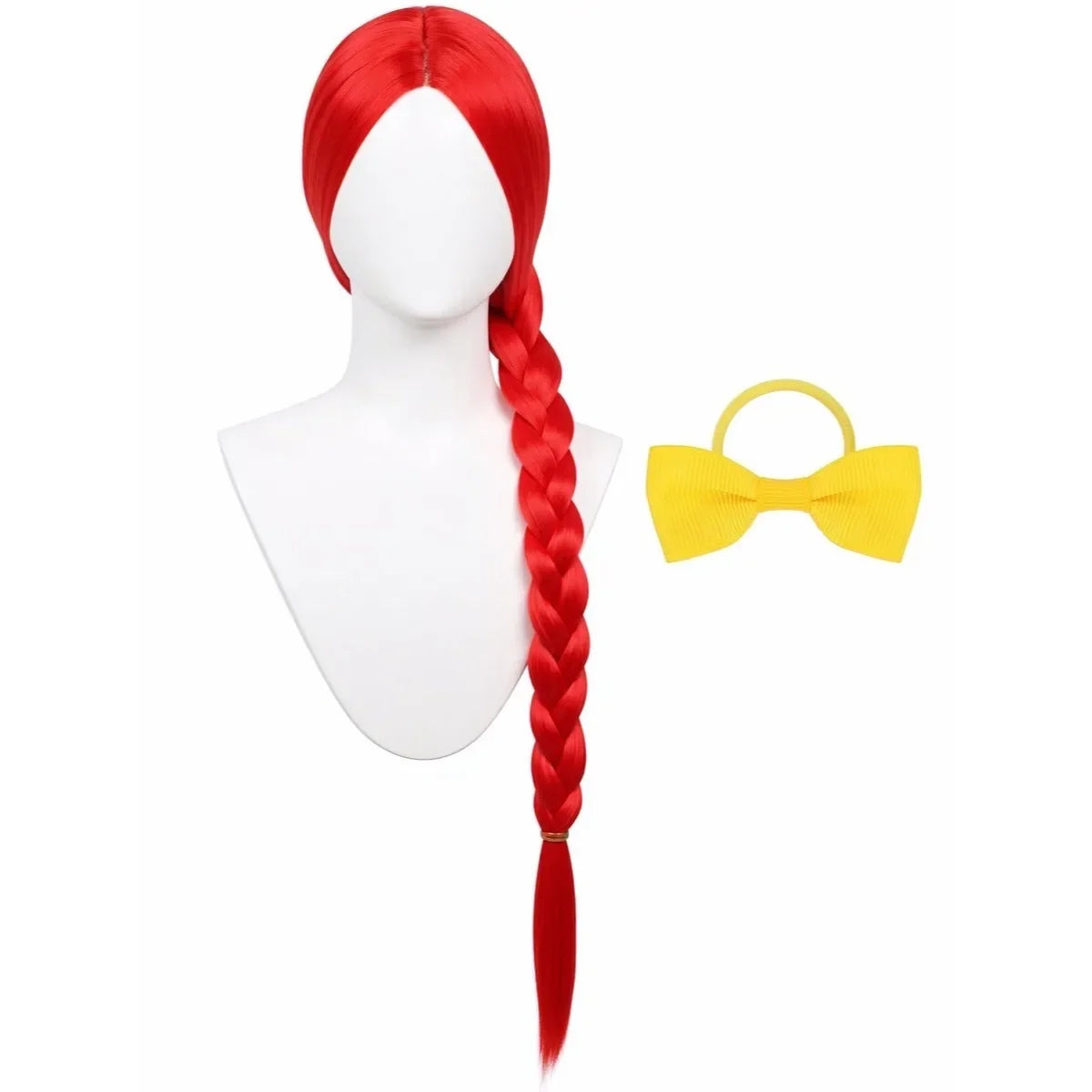 Red Long Straight Wig with Braided Ponytail - Yellow Bow Synthetic Cosplay Hair