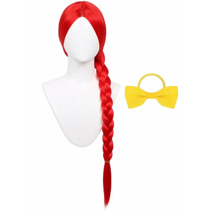 Red Long Straight Wig with Braided Ponytail - Yellow Bow Synthetic Cosplay Hair