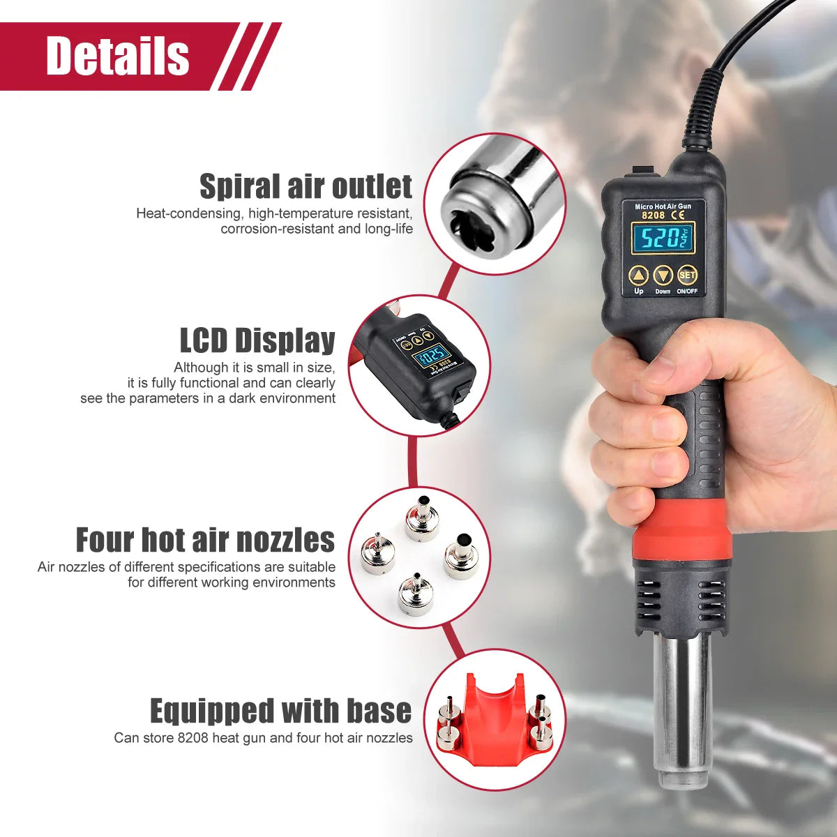 JCD Micro Hot Air Gun 8208 – 750W Soldering & Welding Rework Station, LCD Display All-in-One Heat Gun for BGA & IC Soldering