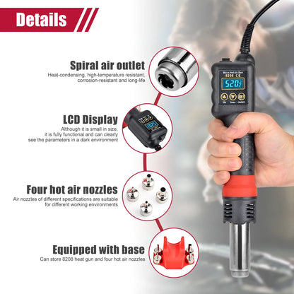 JCD Micro Hot Air Gun 8208 – 750W Soldering & Welding Rework Station, LCD Display All-in-One Heat Gun for BGA & IC Soldering