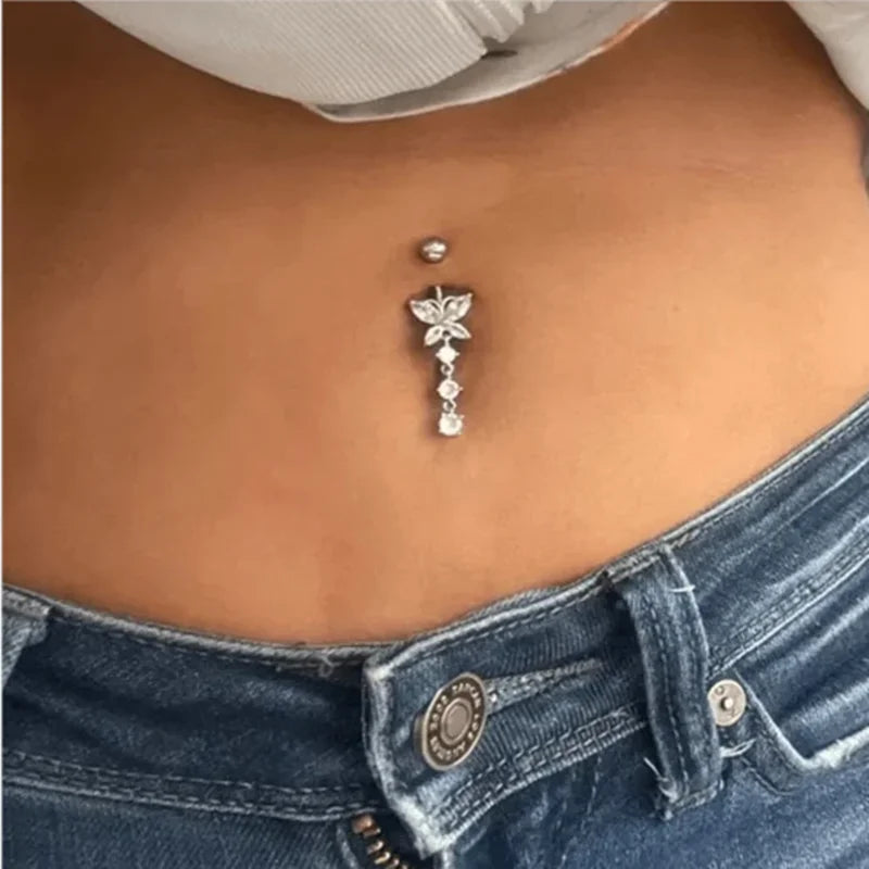 Stainless Steel CZ Belly Button Piercing – Heart & Butterfly Navel Barbell Jewelry for Women Sexy Navel Ring