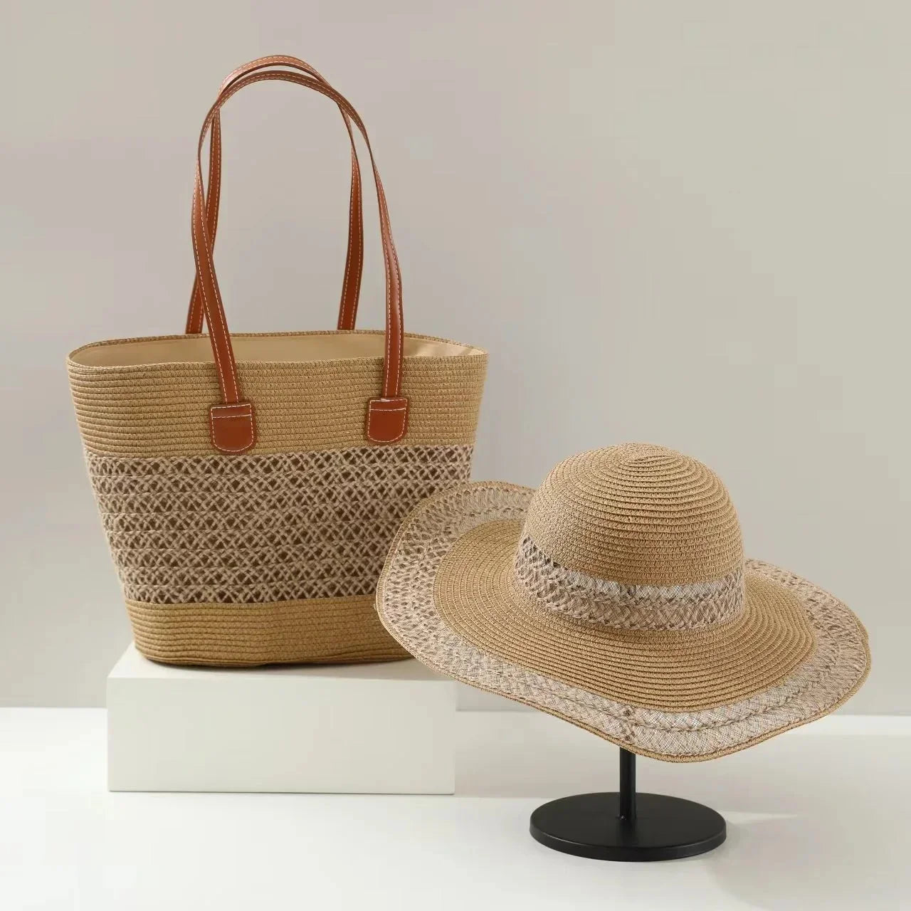 French Style Straw Handbag & Summer Beach Hat Set – Woven Bucket Bag with Fine Stripes