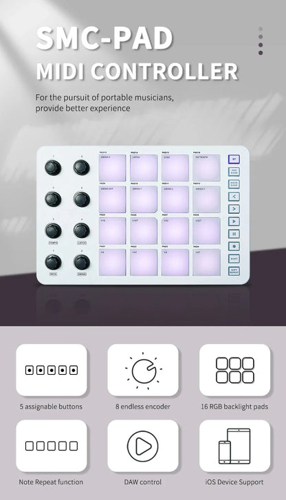 M-VAVE SMC-PAD Wireless MIDI Controller – Portable Percussion Keyboard with USB-C Interface, Compact MIDI Pad for Music Production