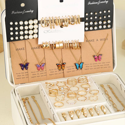 104-Piece Fashion Jewelry Set - Metal Pearl & Zircon Butterfly Earrings, Necklace, Bracelet and Rings for Women