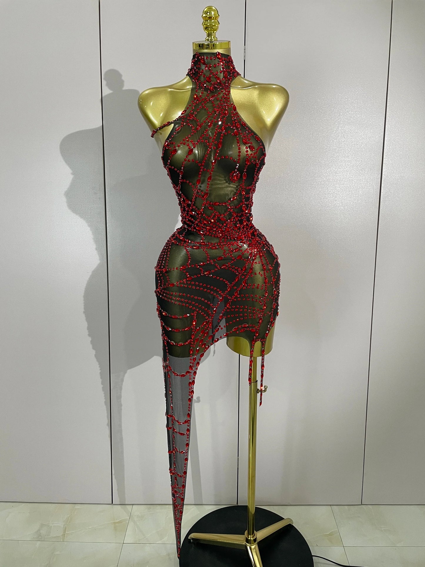 Sparkly Diamond Mesh Asymmetric Bodycon Mini Dress — Sexy Women Nightclub Party Gogo Dancer Stage Costume
