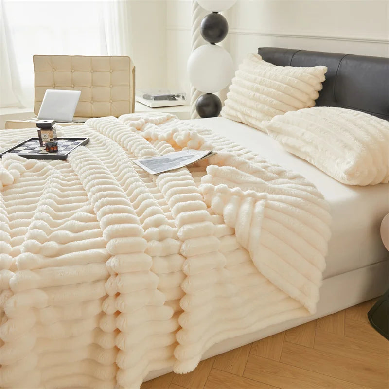 Soft & Warm 250GSM Throw Blanket – Fluffy Decorative Striped Blanket for Bed, Winter Nap & Sleep