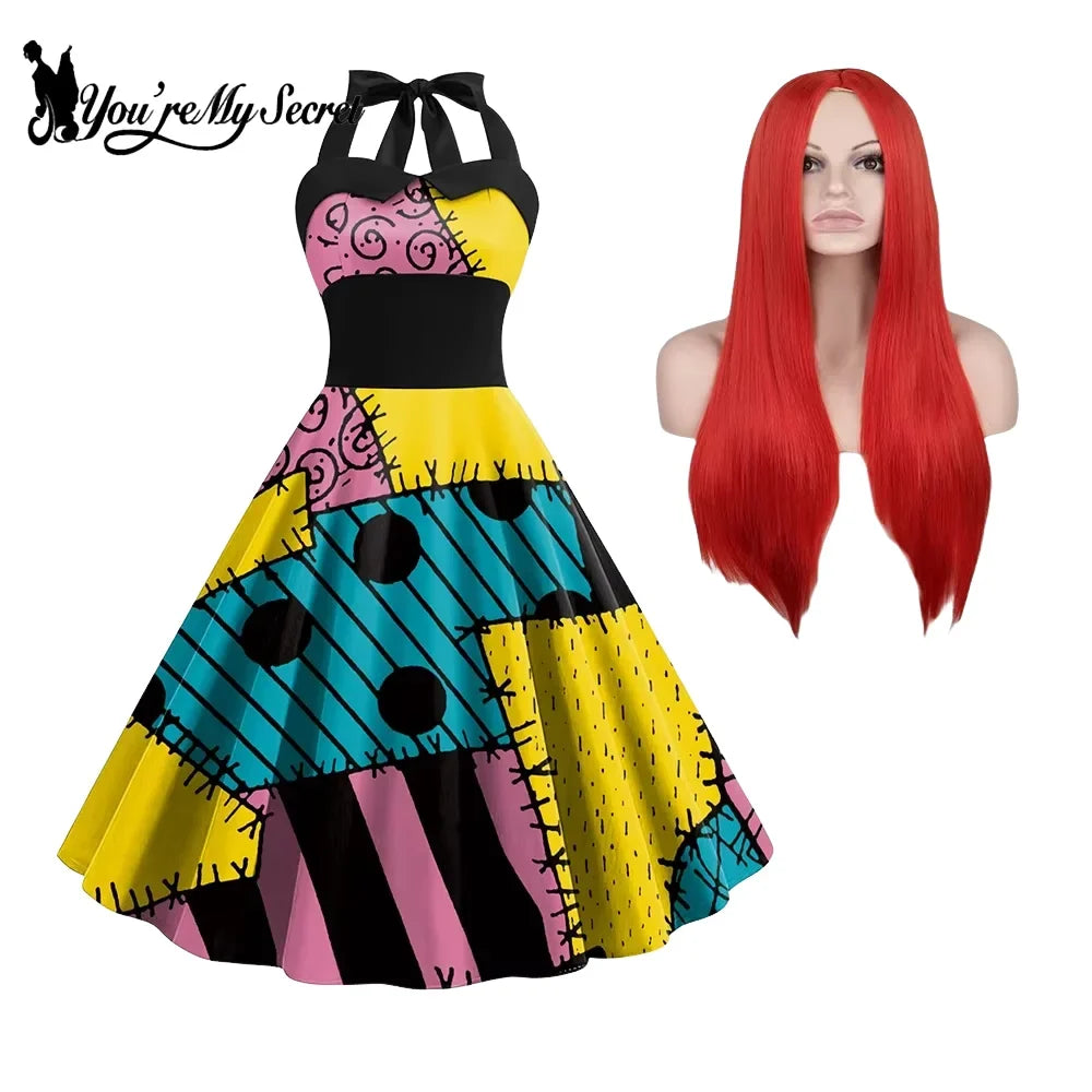 Sally Halloween Cosplay Dress Set - Long Sleeve Party Costume with Wig & Socks
