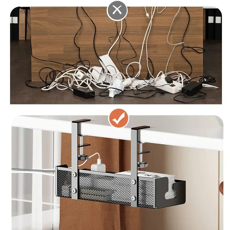 Desk Cord Storage Rack | No Drill Under Desk Cable Organizer | Metal Mesh High Load-Bearing Wire Holder