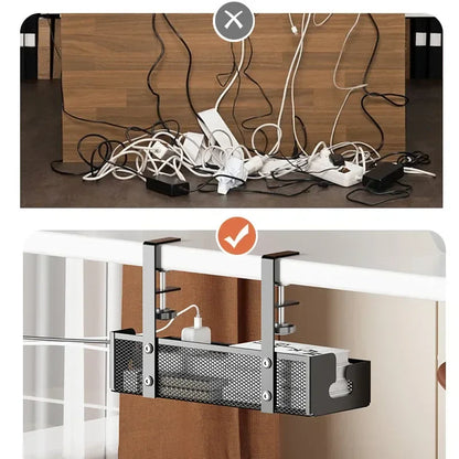 Desk Cord Storage Rack | No Drill Under Desk Cable Organizer | Metal Mesh High Load-Bearing Wire Holder