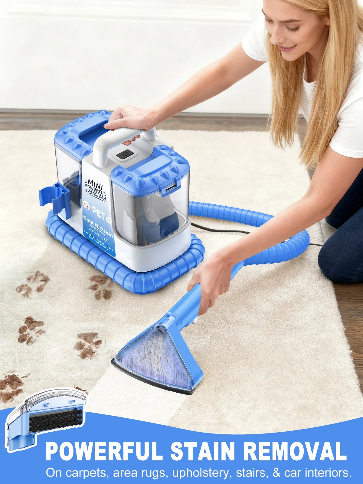 Portable Carpet & Upholstery Cleaner - 32KPa Powerful Suction with 5 Cleaning Tools