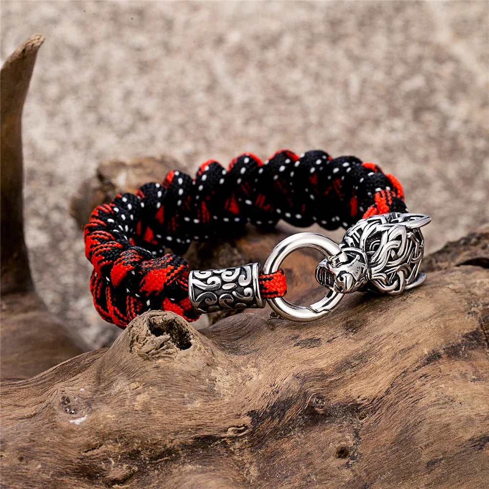 Vintage Norse Runes Celtic Wolf Survival Rope Bracelet - Handmade Stainless Steel Wristband for Men, Vikings Jewelry