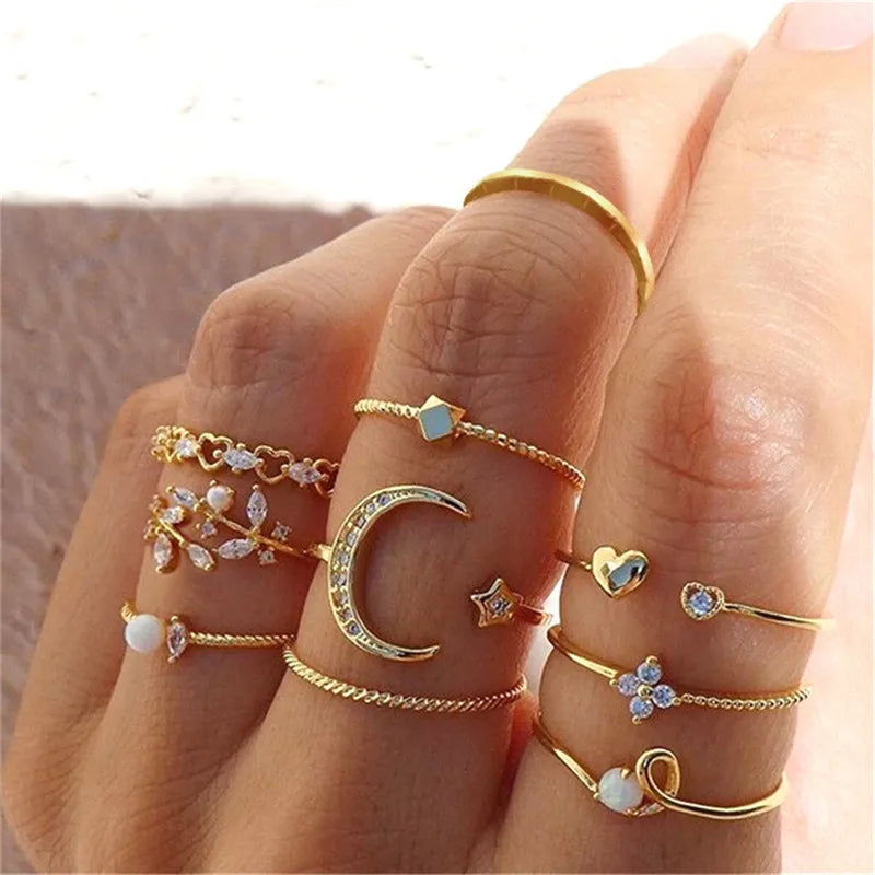 Women’s Silver Crystal Ring Set – Cubic Zirconia Moon, Arrow, Flower & Heart Wedding Fashion Jewelry
