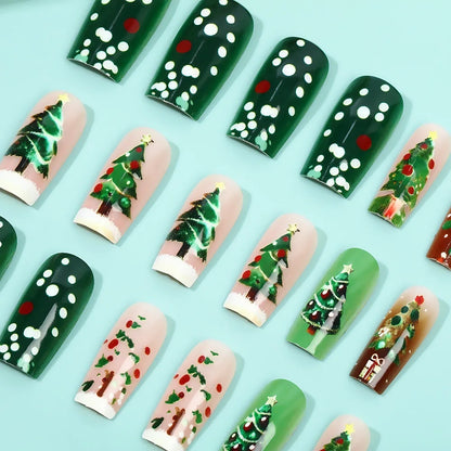 Medium Long Christmas Fake Nails – Square & Almond Tips with Tree, Snowflake & Snowman Designs