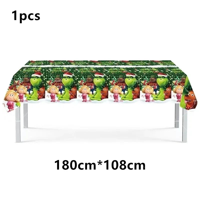 Grincs Christmas Party Balloon Decoration Set – Merry Xmas Banner Cake & Disposable Tableware Supplies Green Red