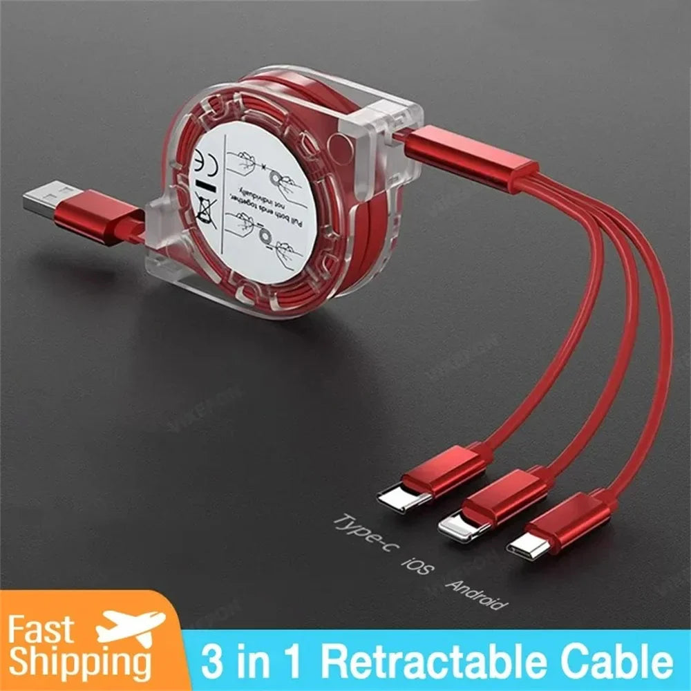 3-in-1 Retractable USB Data Cable – Fast Charging for iPhone, Type-C & Micro USB, Compatible with Android, Xiaomi, Huawei, Samsung