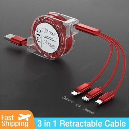 3-in-1 Retractable USB Data Cable – Fast Charging for iPhone, Type-C & Micro USB, Compatible with Android, Xiaomi, Huawei, Samsung