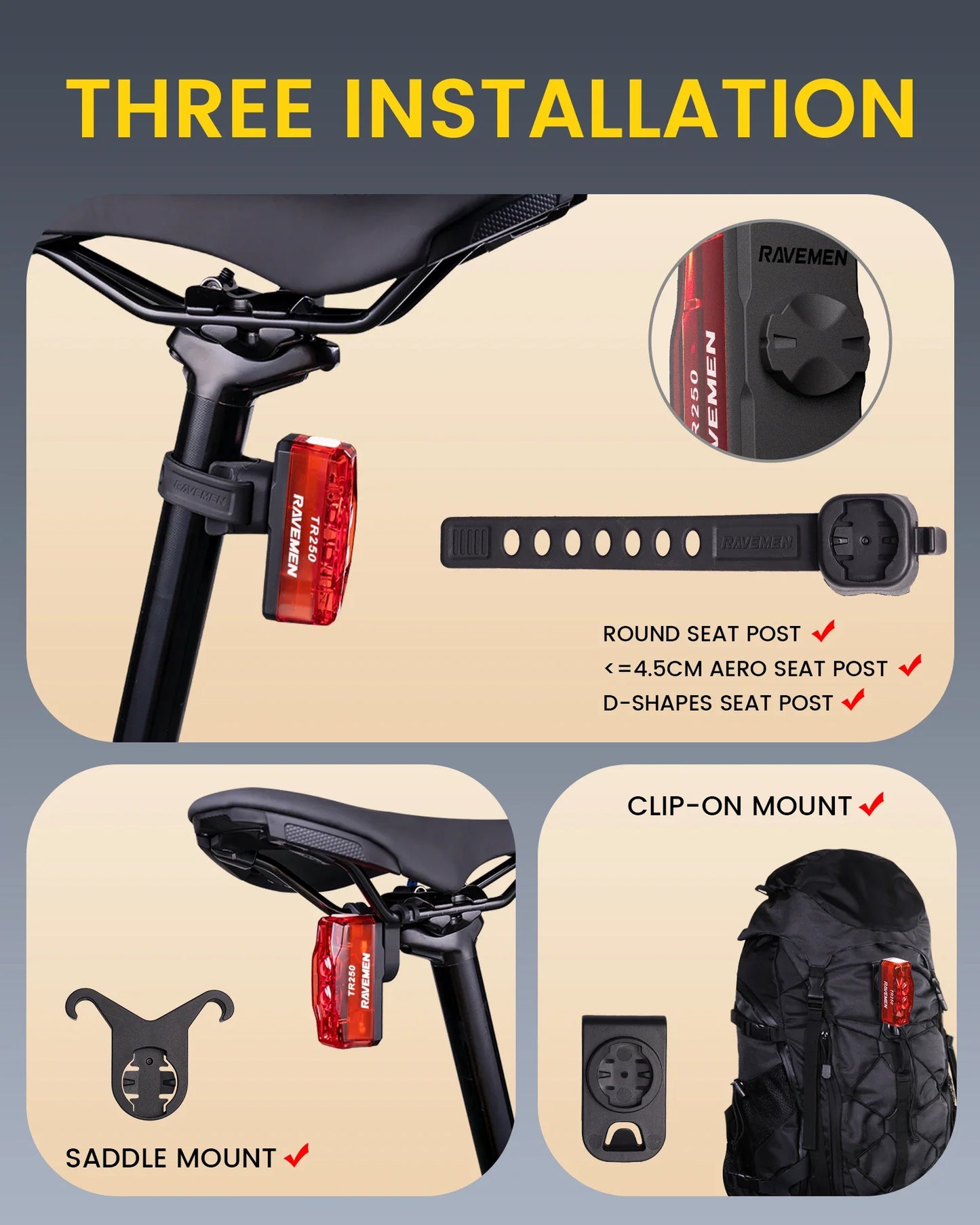 RAVEMEN TR250 Rechargeable Bike Rear Light – 250 Lumens LED Bicycle Taillight with Brake Sensor, Auto On/Off & IPX6 Waterproof Mount
