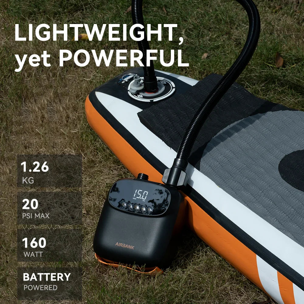 Airbank Rechargeable SUP Pump | 20PSI Inflatable PVC Boat & Kayak Accessories | Perfect for Surfing, Kite, Mattress, and Tent